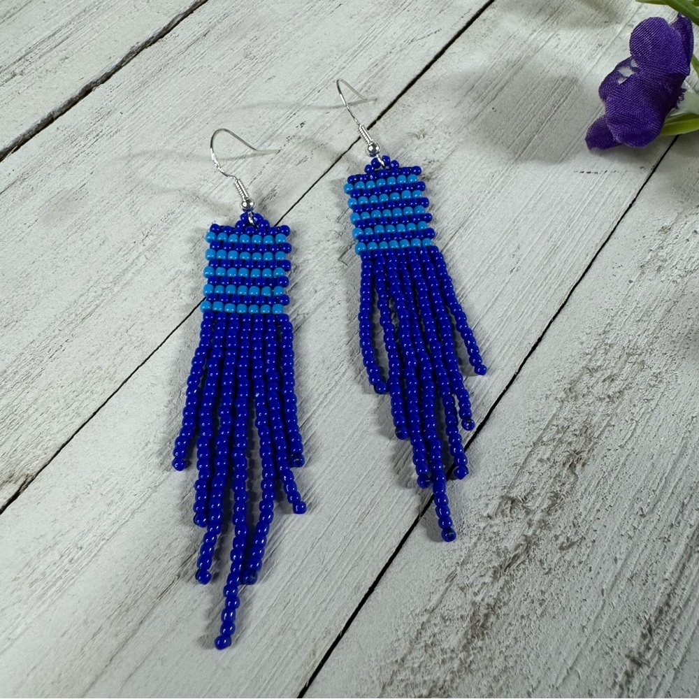 Boho Tribal Earrings American Native Earrings 3 Inches Seed Beads Earrings Blue